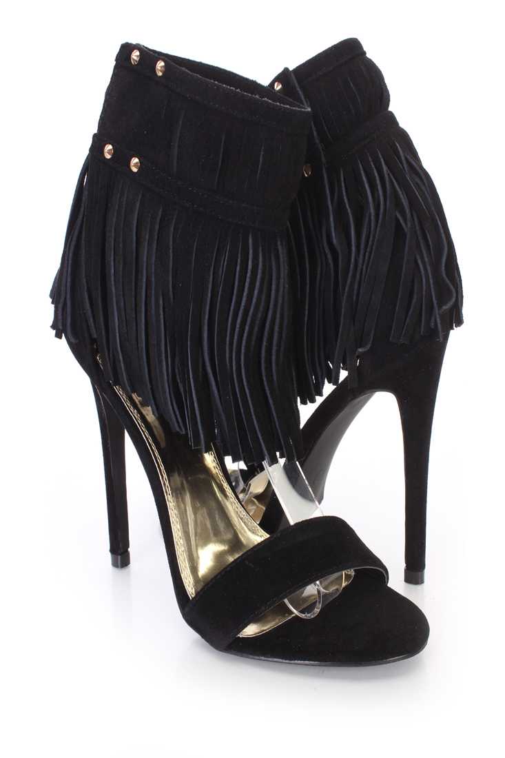 Black Fringed Ankle Cuff Single Sole High Heels Faux Suede