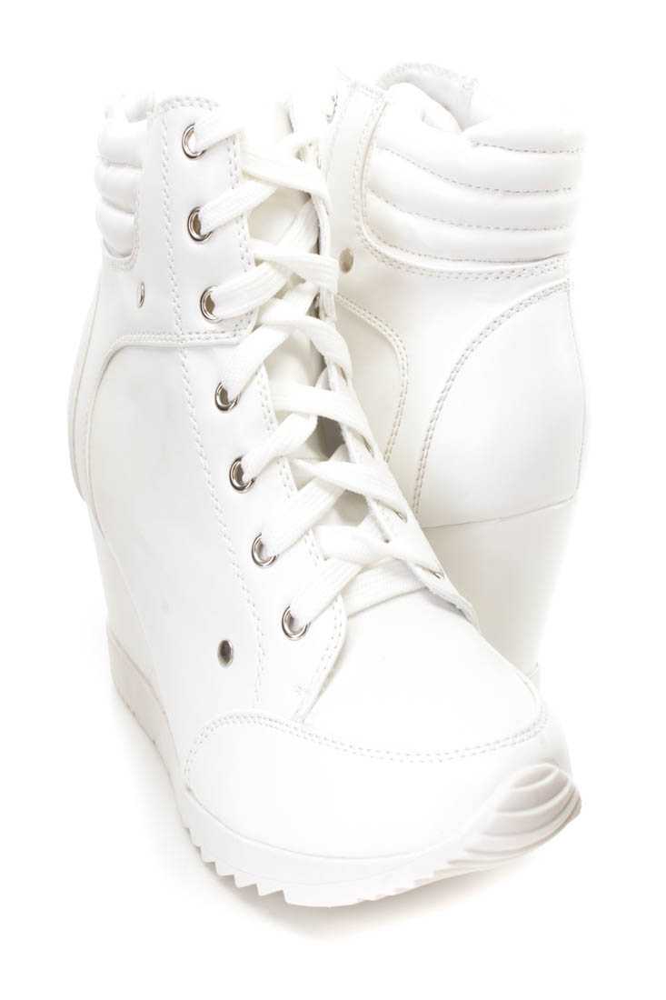 White Lace Up Sneaker Wedges Faux Leather
