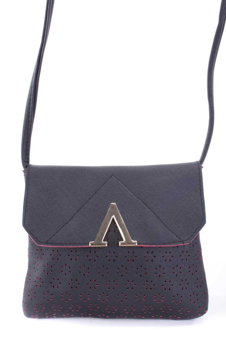 Black Perforated Faux Leather Crossbody Handbag