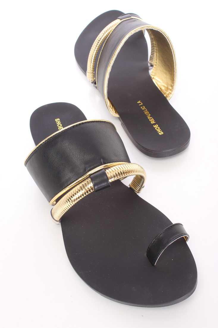 Black High Polished Toe Ring Sandals Faux Leather