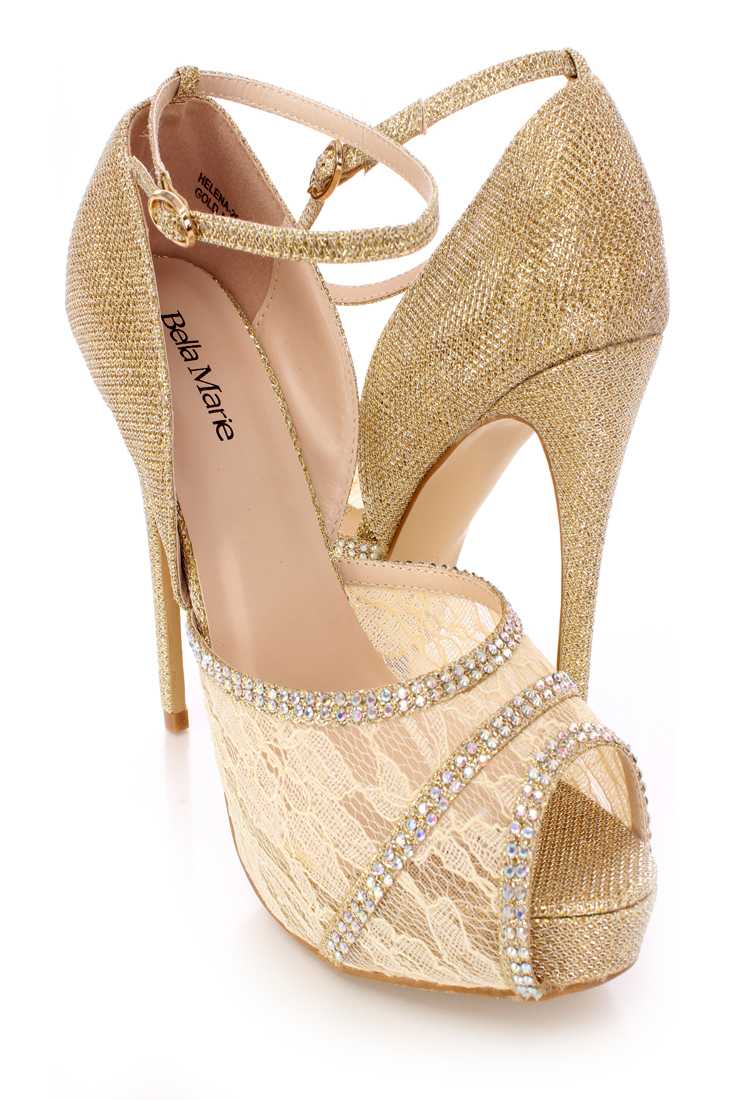Gold Rhinestone Lace Peep Toe High Heels Shimmer Fabric