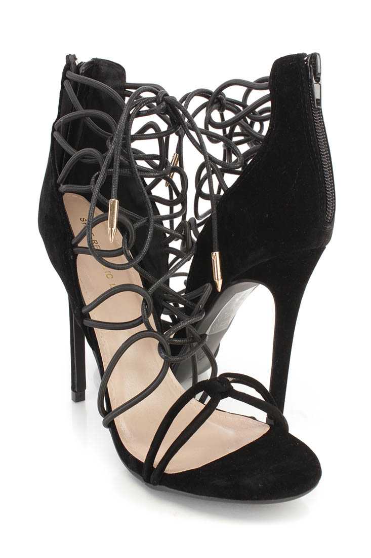 Black String Lace Up Single Sole High Heels Faux Suede