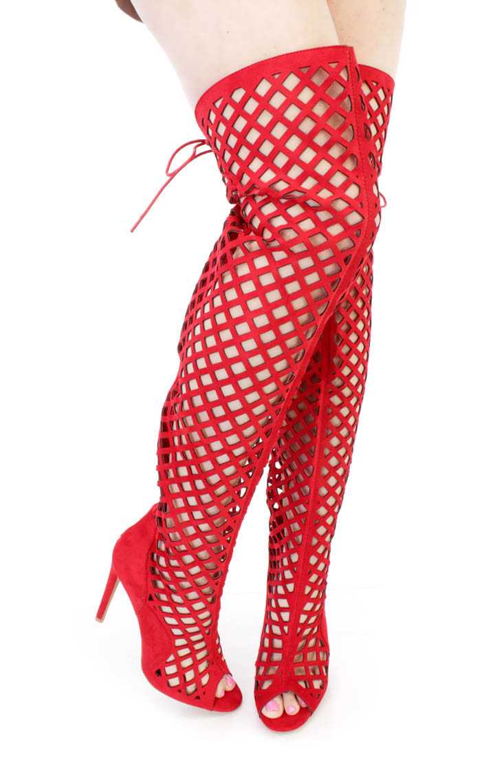 Red Cut Out Thigh High Heel Boots Faux Suede