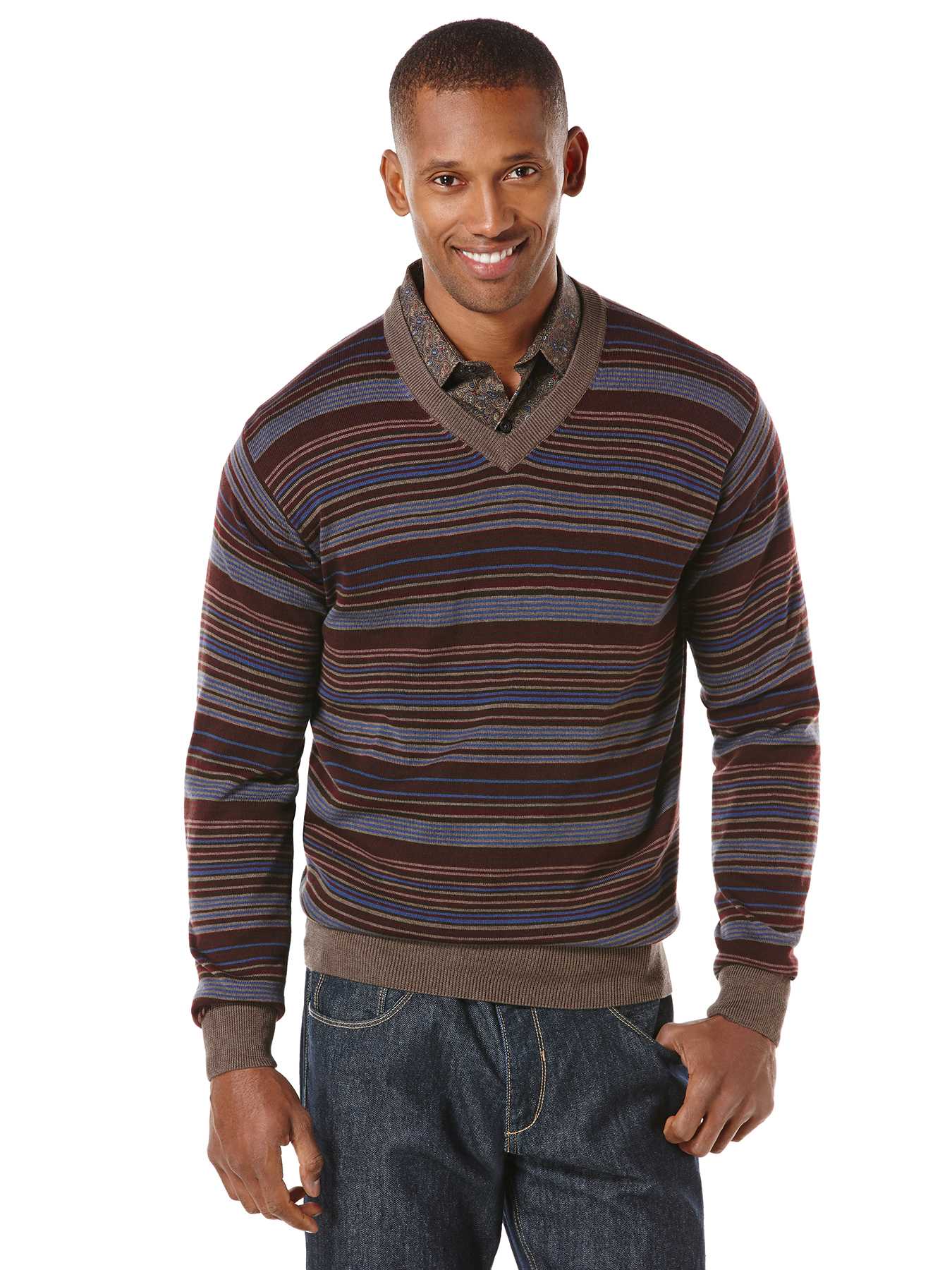 Perry Ellis All Over Stripe V-Neck Sweater