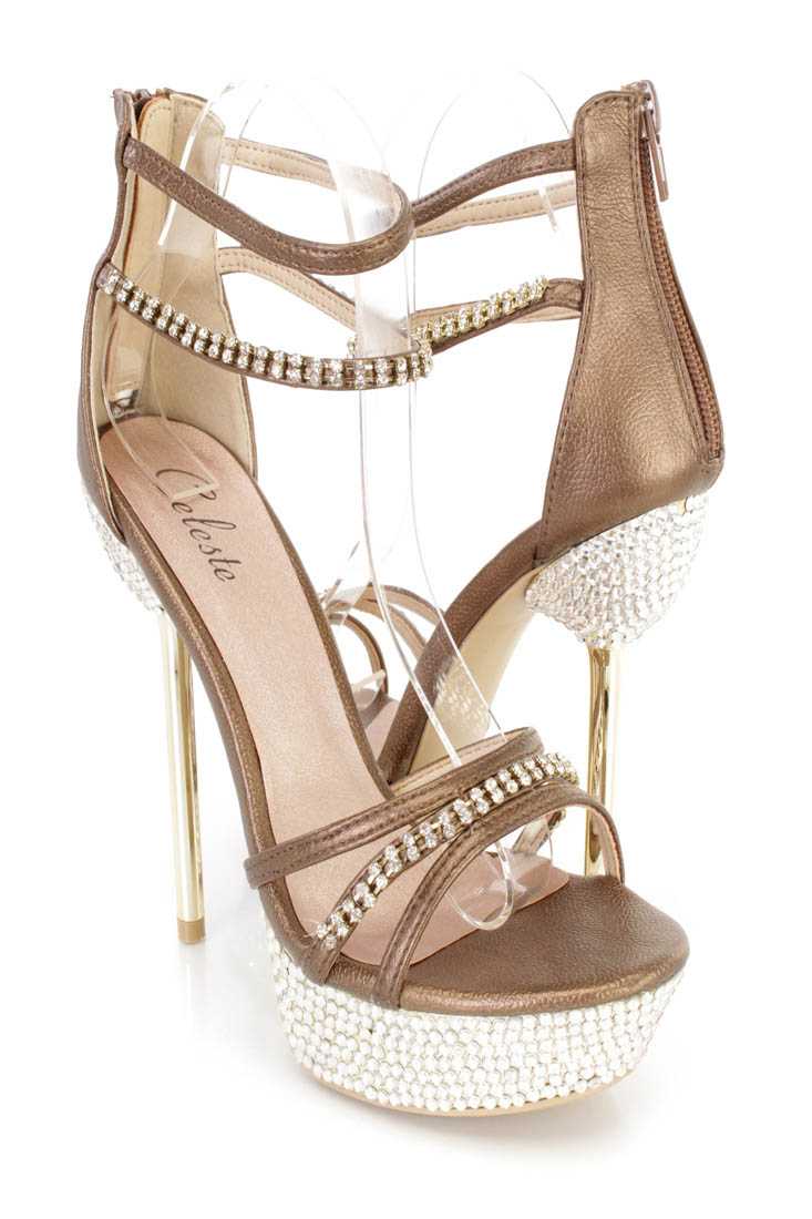 Gold Rhinestone Strappy Platform Stiletto High Heels Faux Leather