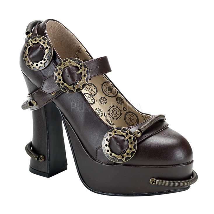 Brown Faux Leather Cog Sprocket Steampunk High Heels