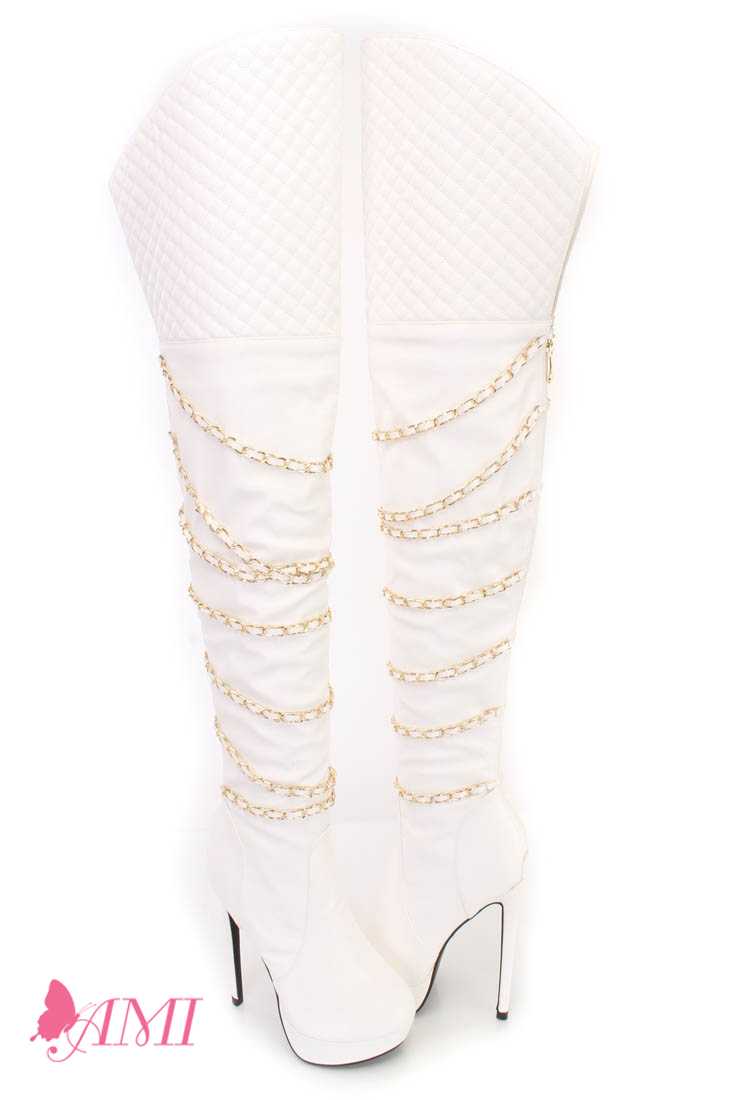 White Stitched Chain Strappy Thigh High Heel Boots Faux Leather