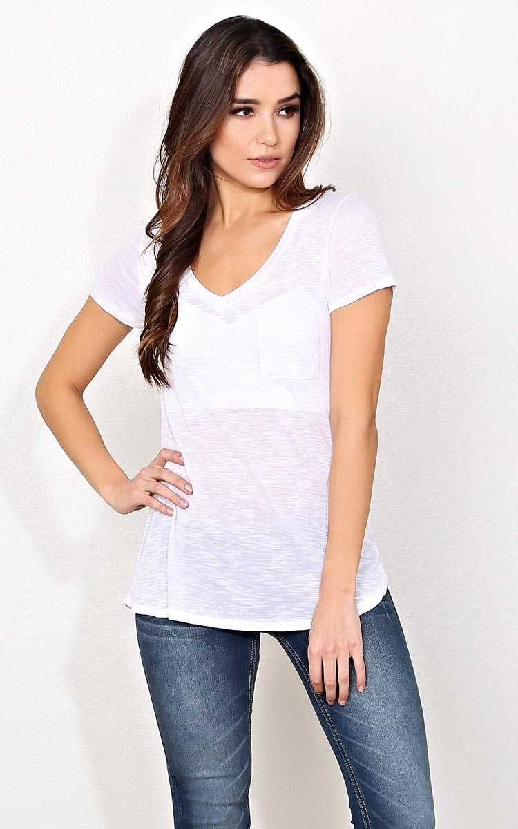 White V Neck Pocket Tee - - White in Size by Styles For Less