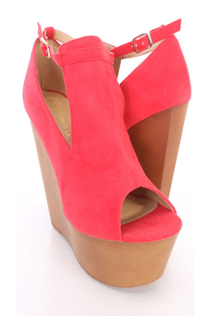Red Peep Toe Cut Out Platform Wedges Faux Suede