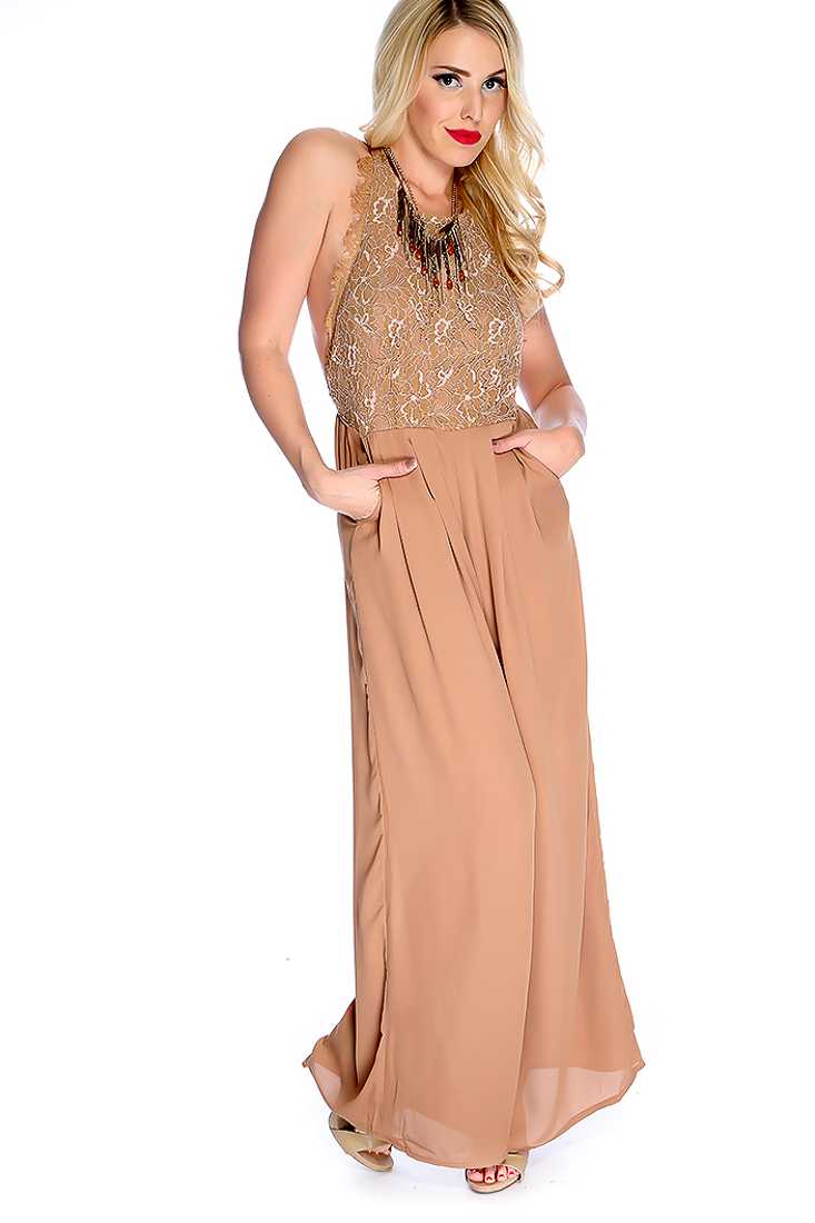 Camel Sleeveless Netted Floral Overlay Sheer Wide Leg Jumpsuit