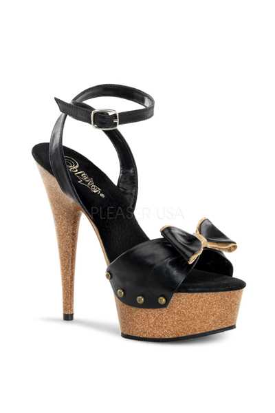 Black Faux Leather Bow Wooden Platform High Heels