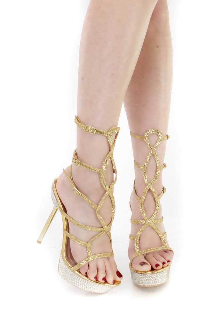 Gold Strappy Rhinestone Platform High Heels Glitter