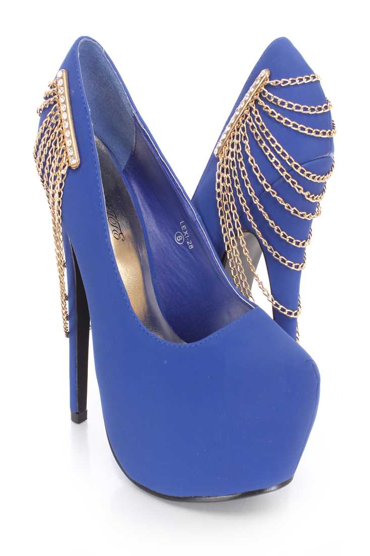 Royal Blue Chain Draped Platform Pump High Heels Nubuck