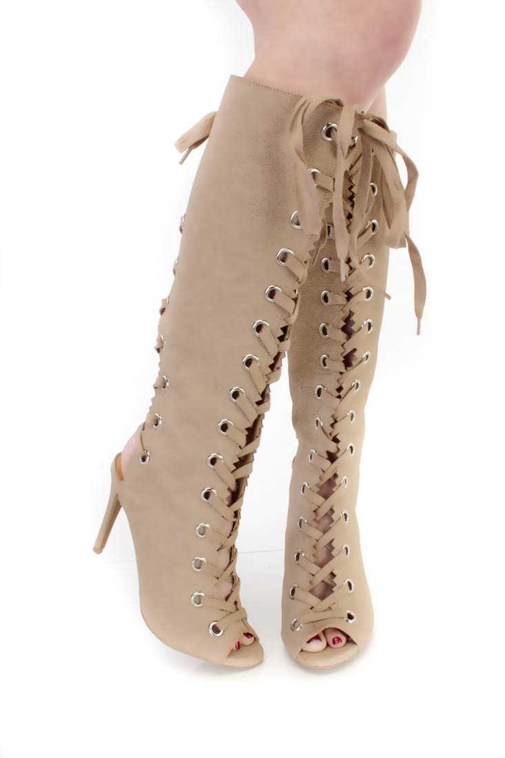 Natural Lace Up Peep Toe Boots Faux Leather
