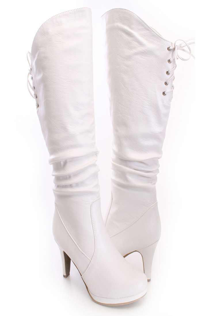 White Slouchy Knee High Boots Faux Leather