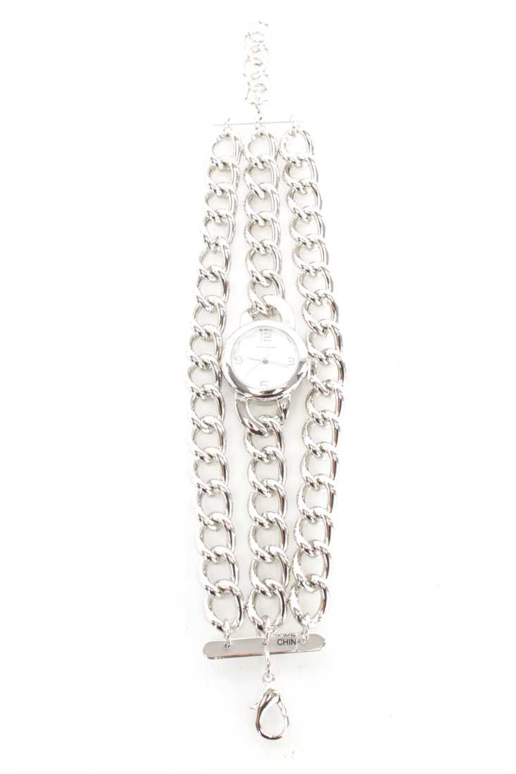 Silver High Polish Metal Chain Link Round Face Watch