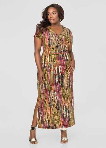 Printed Chain Lace-Up Maxi Dress