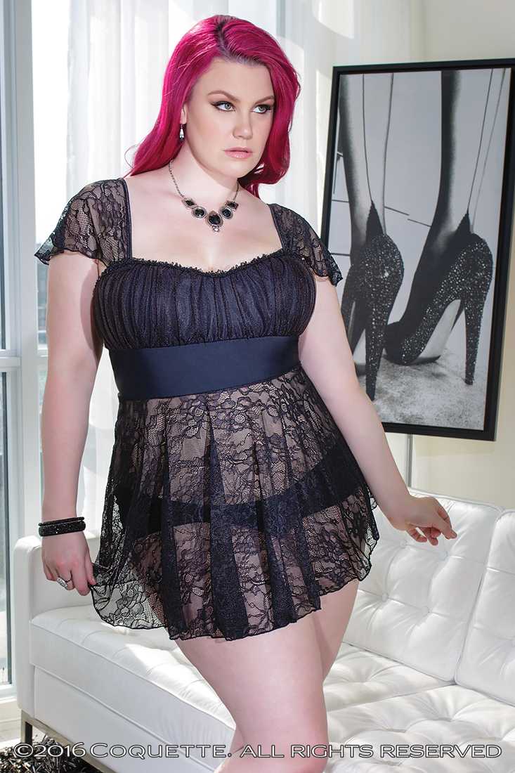 Black Lace Knit Gathered Trim Plus Size Babydoll