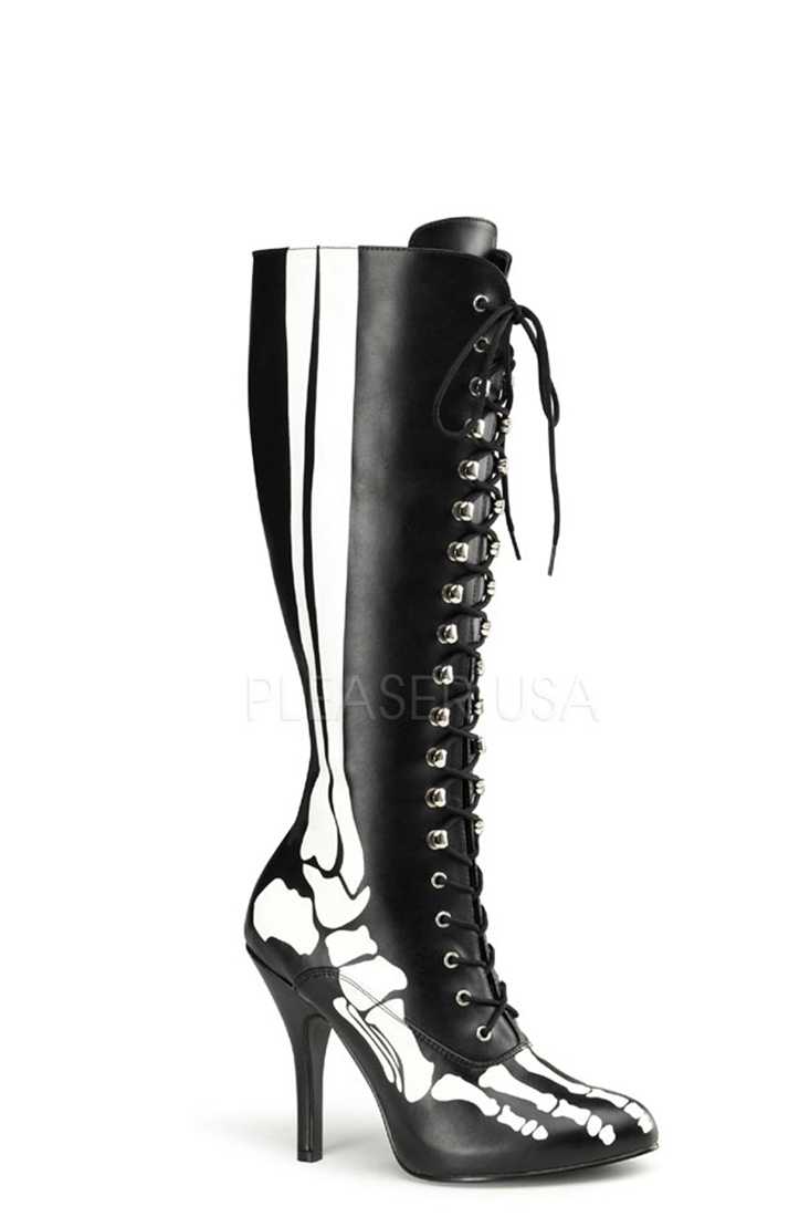 Black Skeleton Print Lace Up Boots Faux Leather