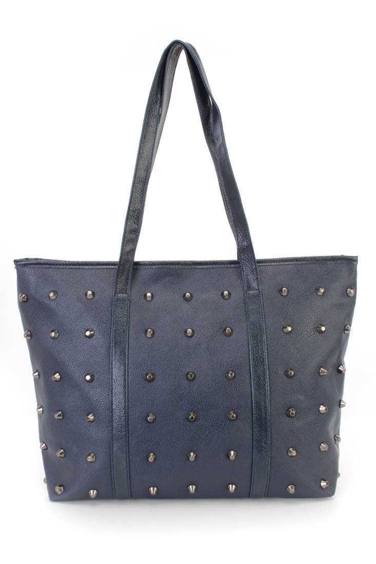 Navy Faux Leather Quilted Tote Handbag
