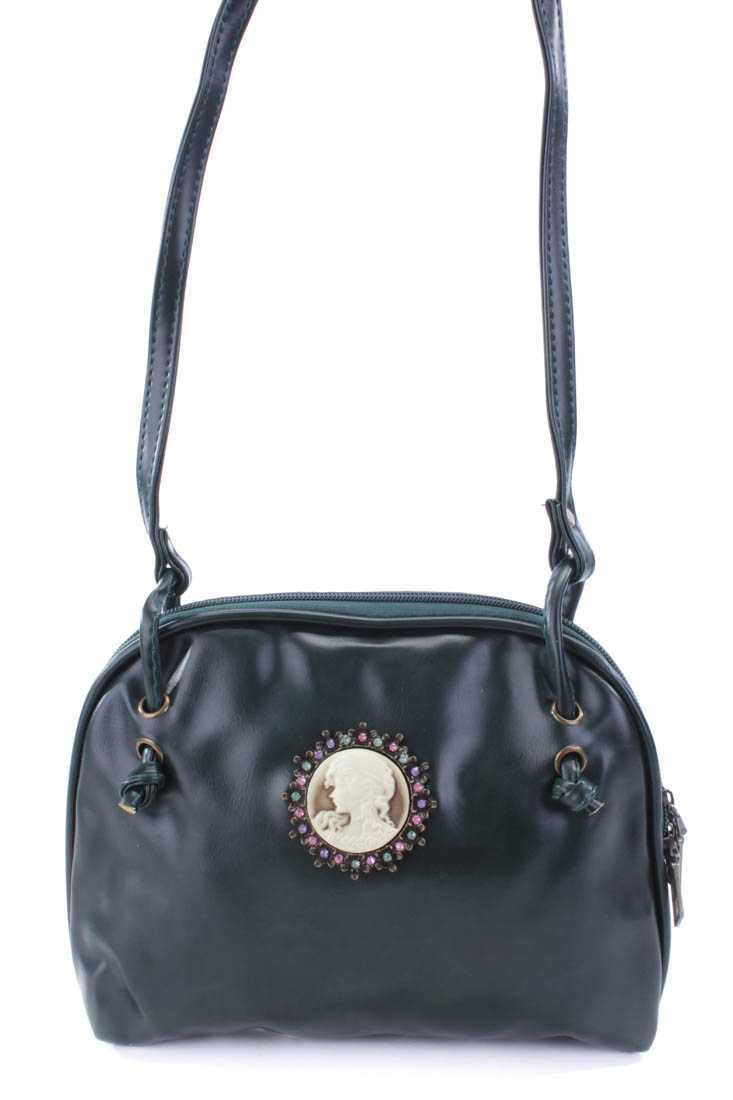 Hunter Green Faux Leather Cameo Pendant Handbag