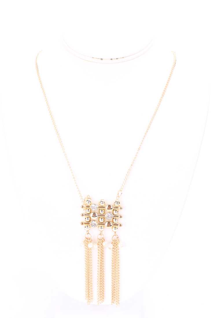 Gold Thin Chain Faux Pearl Rhinestone Design High Polish Necklace