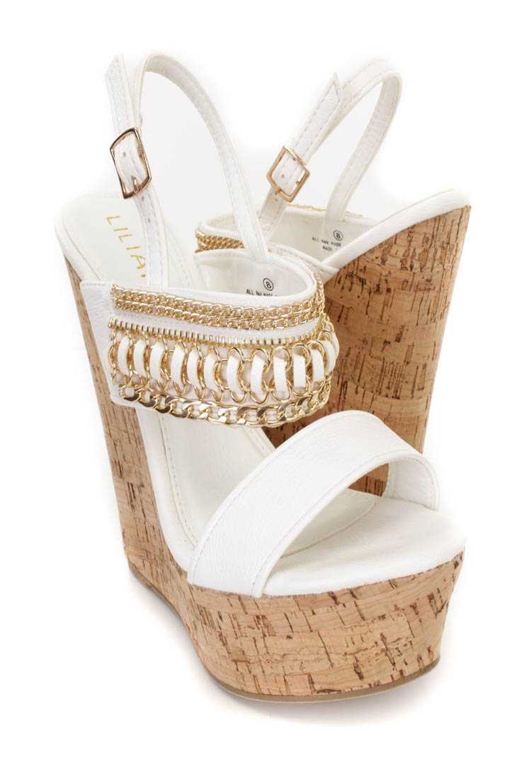 White Link Chain Decor Cork Platform Wedges Faux Leather