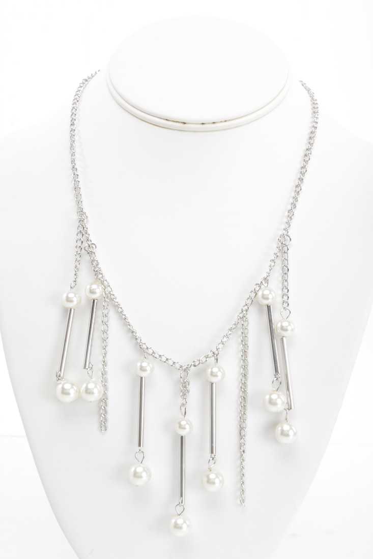 Silver Faux Pearl Beaded Dangle Necklace