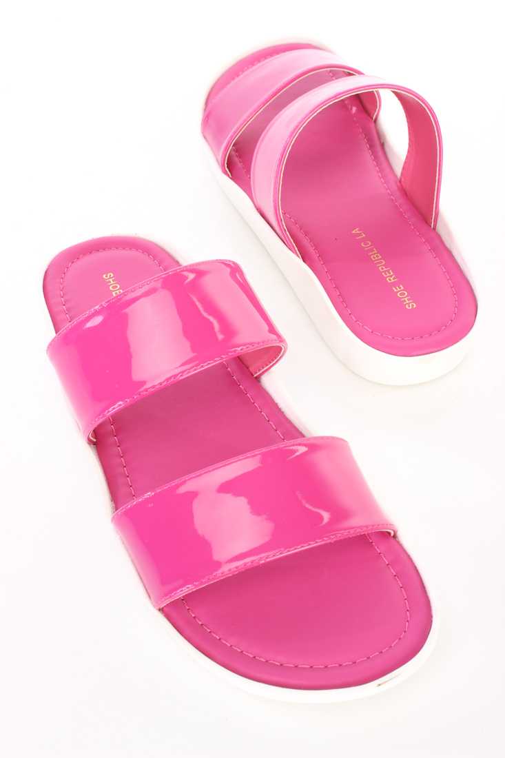 Fuchsia Strappy Slip On Sandals Patent Faux Leather