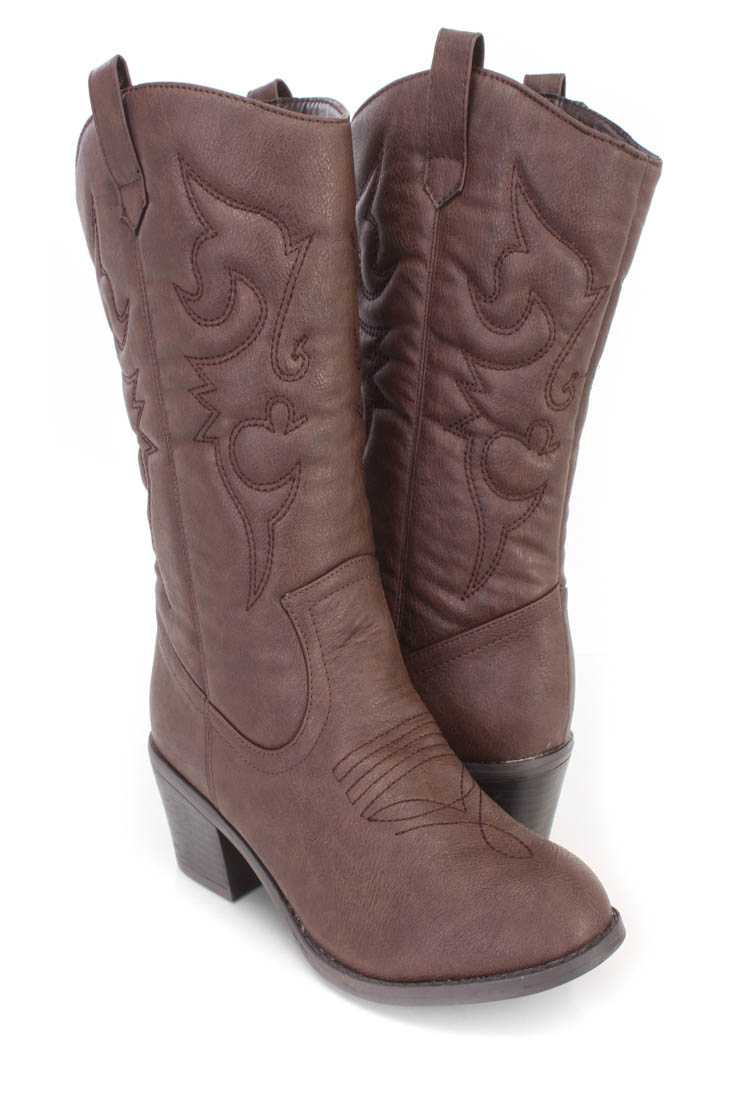 Brown Stitching Detailing Cowboy Boots Faux Leather