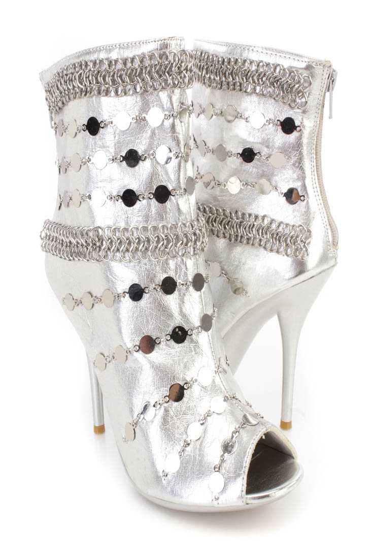 Silver Faux Leather Chain Sequins Peep Toe Ankle Boots