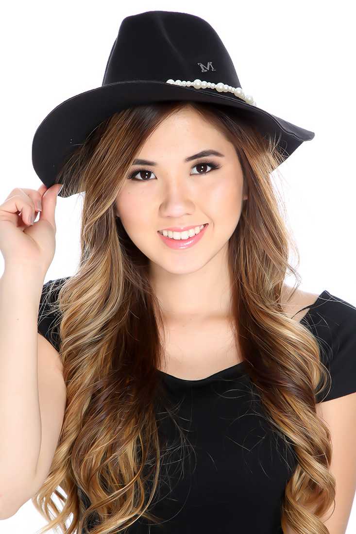 Black Faux Pearl Trim Fabric Floppy Hat