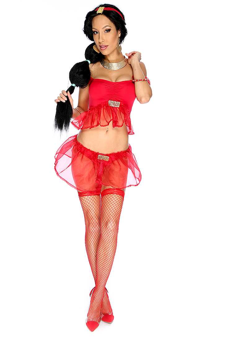 Sexy Red Arabic Princess Sheer Trim 3. Piece Costume