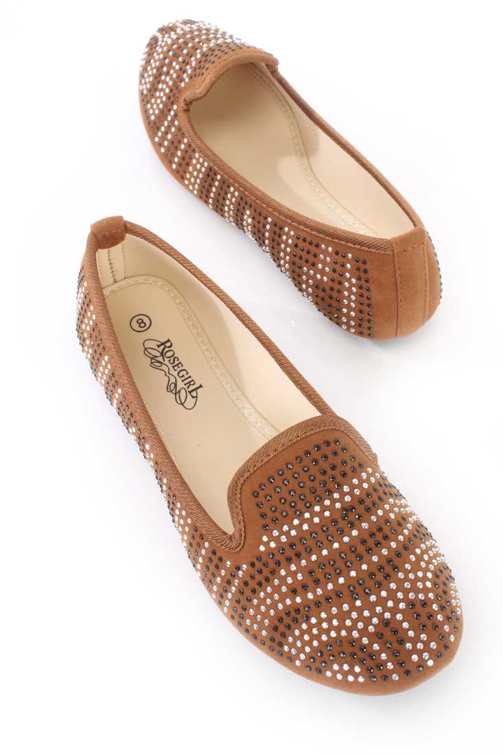 Camel Two Tone Rhinestone Pattern Loafer Flats Suede