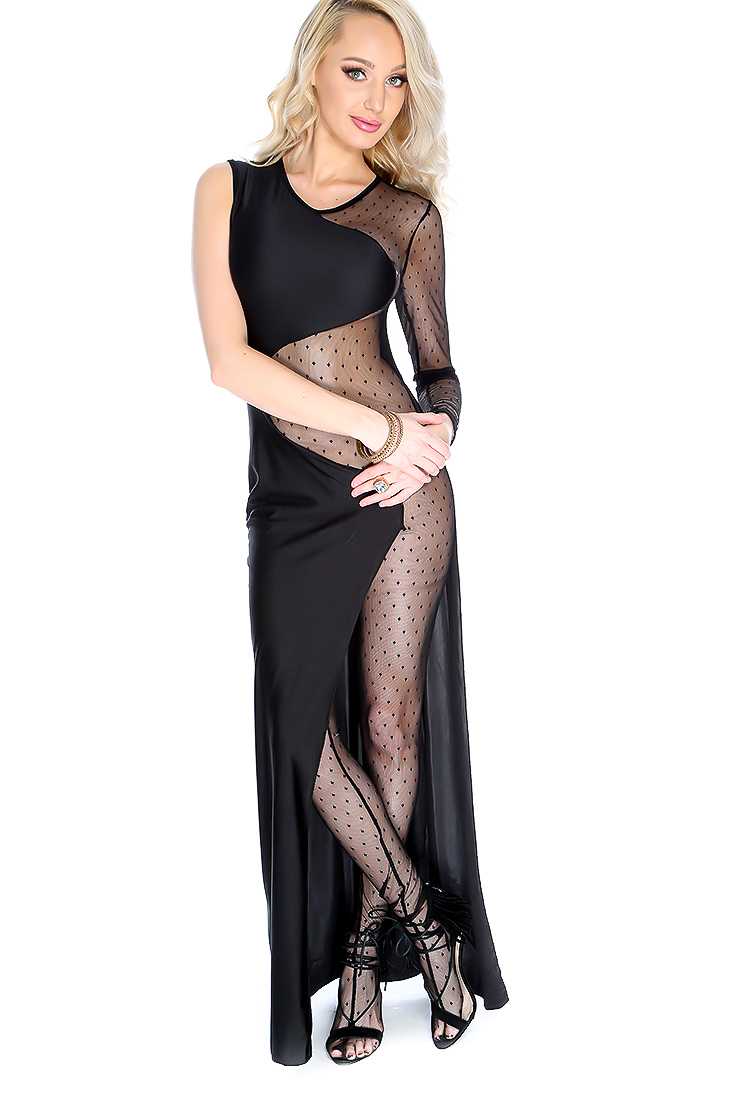 Sexy Black Polka Dot Mesh One Long Sleeve Maxi Dress