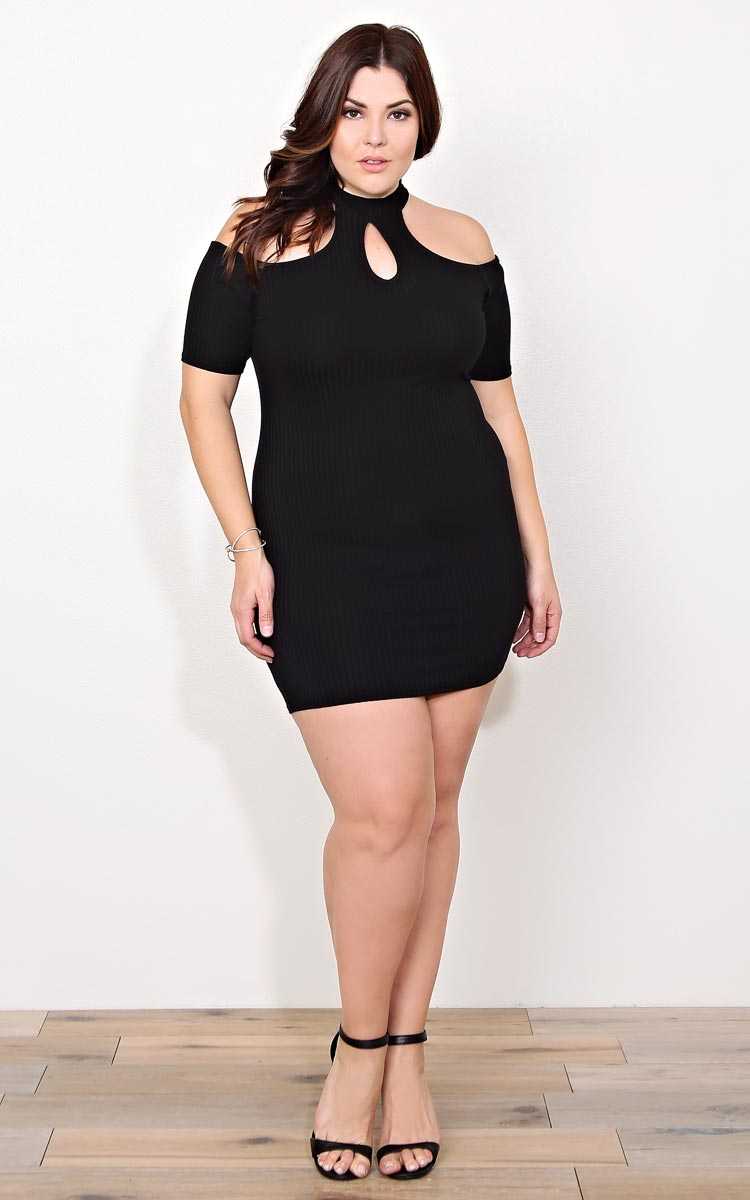 Plus Size Cold Shoulder Rib Knit Dress - Black in Size by Styles For Less