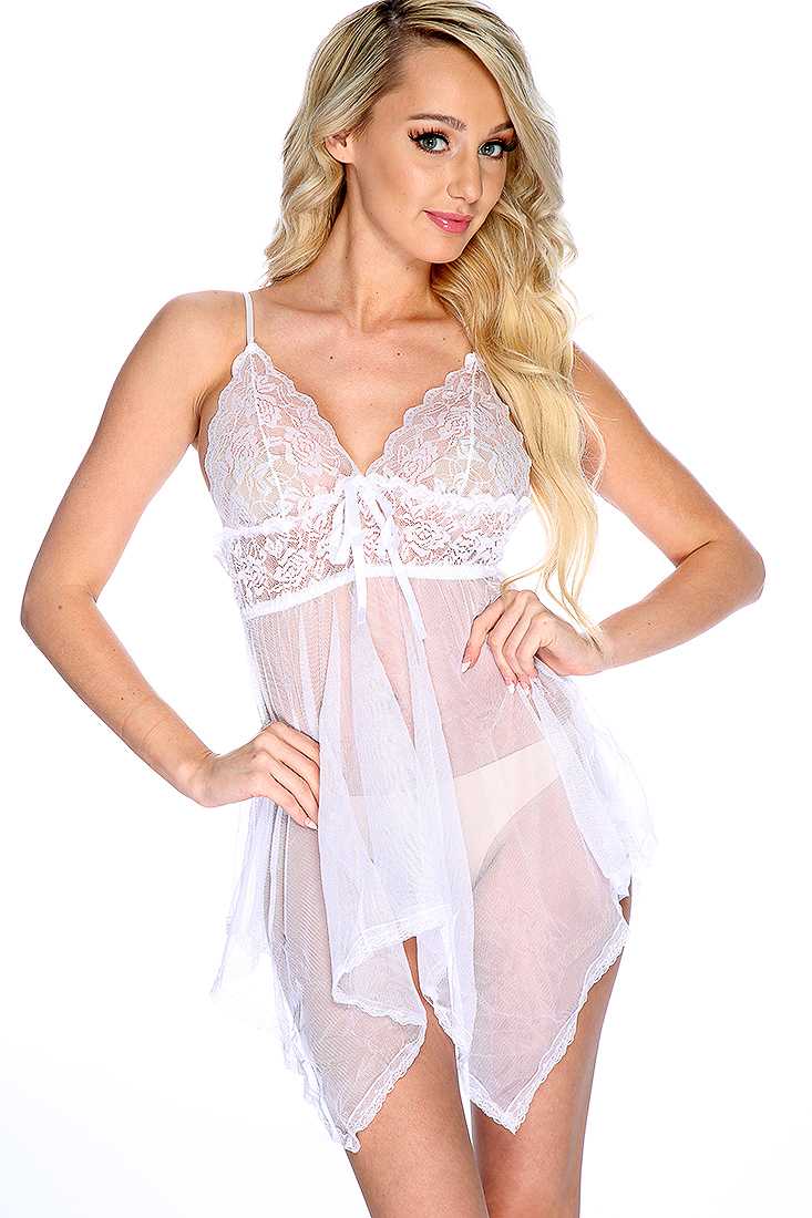 White 2 Piece Lace Floral Mesh Bbaydoll