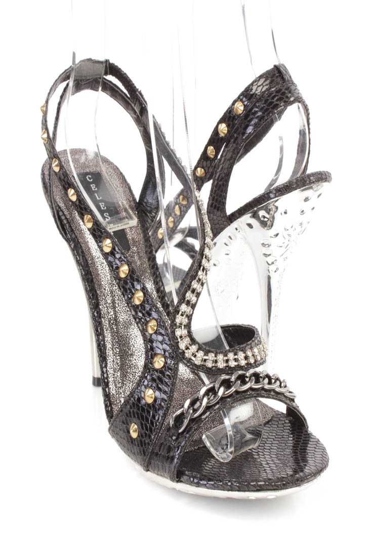 Black Rhinestone Strappy High Heels Faux Leather