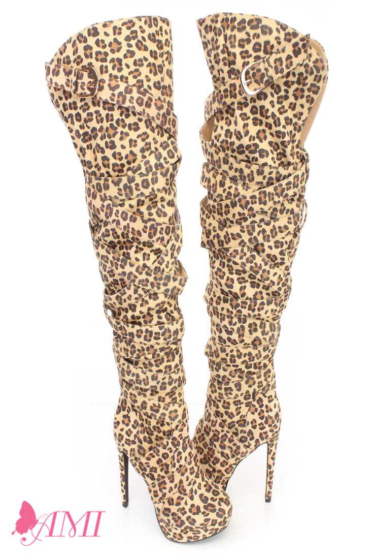 Leopard Wrap Around Strappy Thigh High Heel Boots Faux Suede