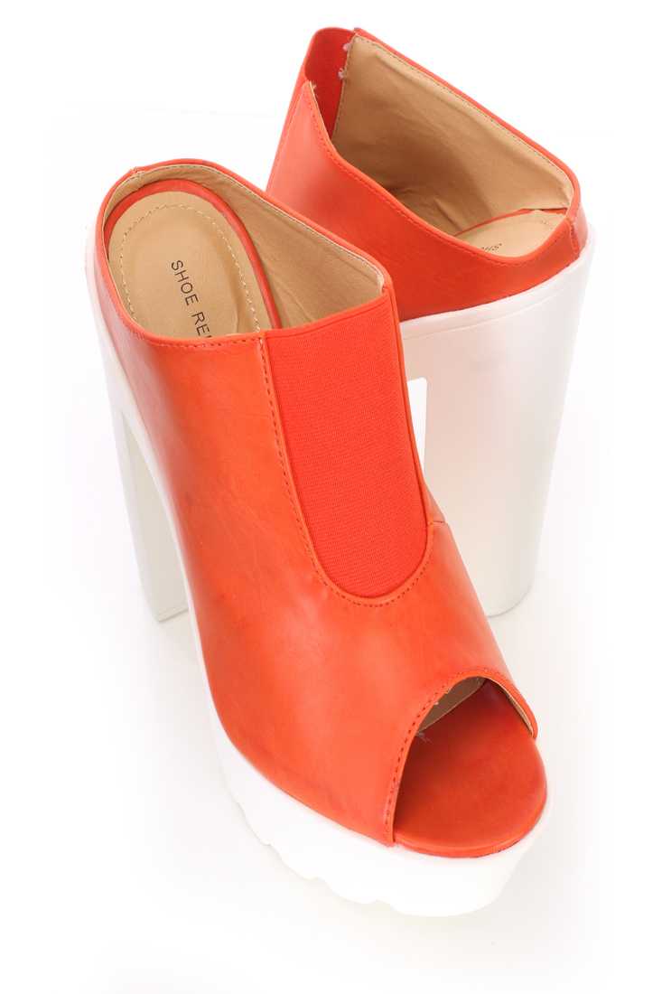 Orange Slip On Peep Toe Chunky Platform High Heels Faux Leather