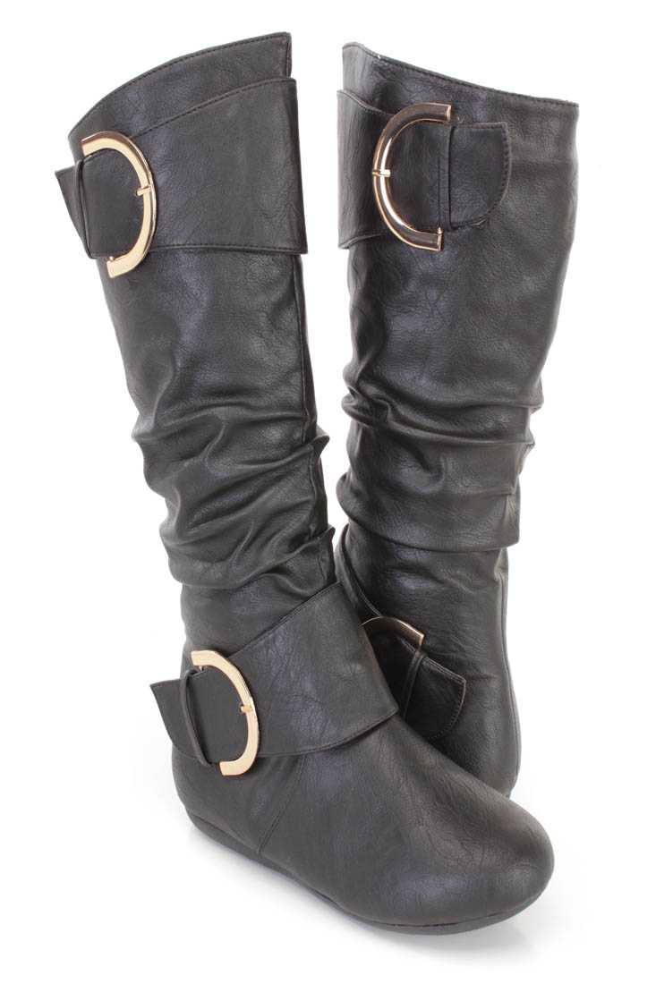 Black Slouchy Buckle Accent Flat Boots Faux Leather