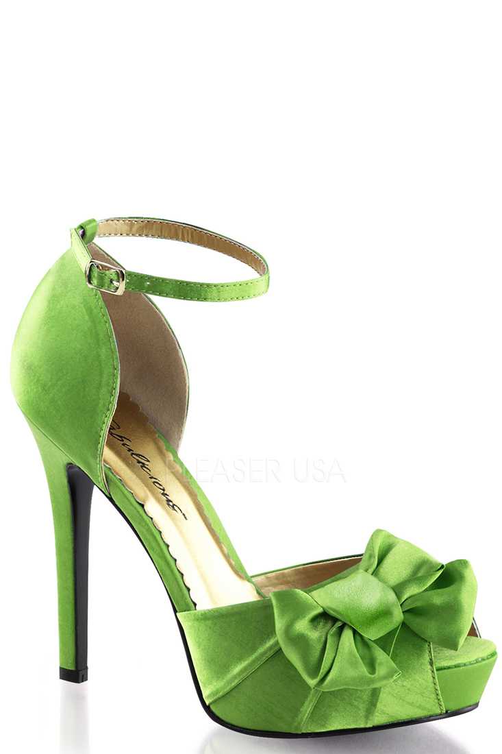 Apple Green Bow Accent Peep Toe High Heels Satin