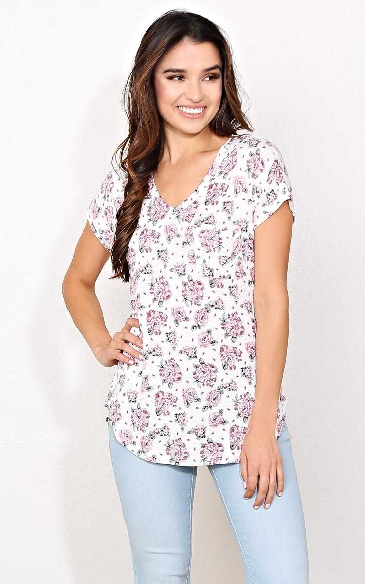 Wild Flower Knit Pocket Tee - - Ivory Combo in Size by Styles For Less