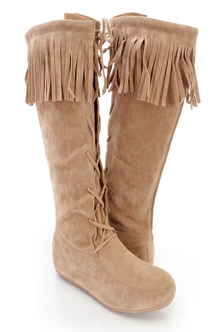 Beige Fringe Trim Lace Up Moccasin Boots Faux Suede