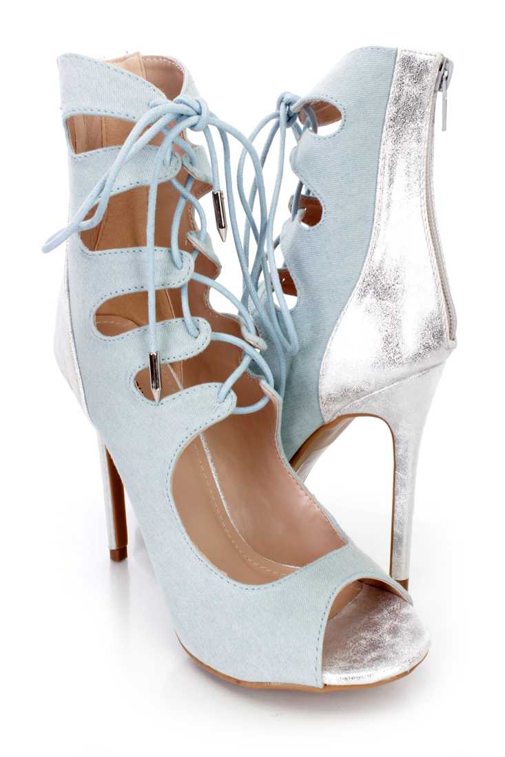 Blue Lace Up Strappy Single Sole High Heels Denim