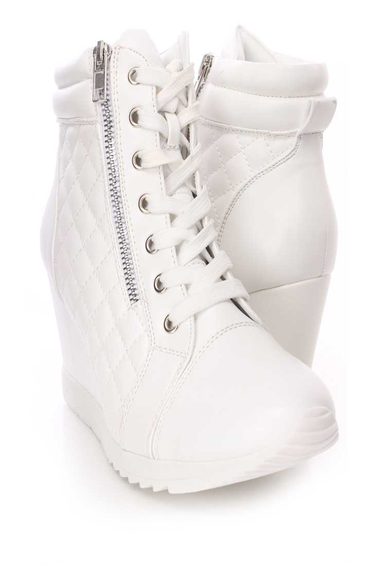 White Quilted Sneaker Wedges Faux Leather