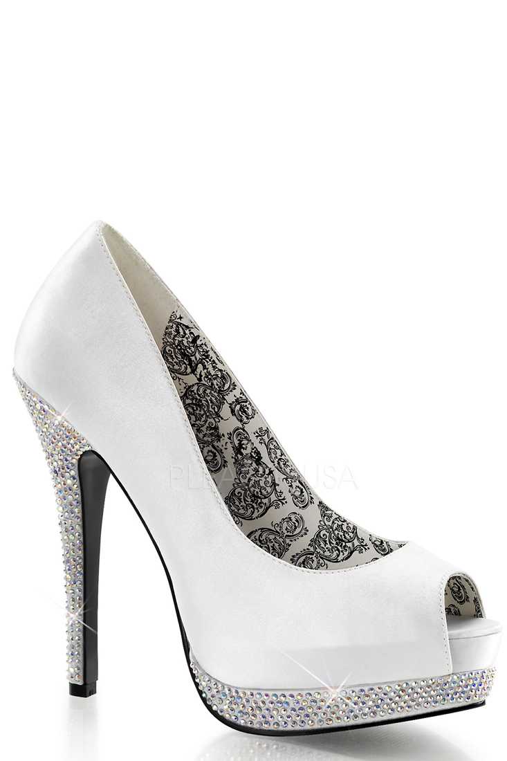 Ivory Peep Toe Rhinestone Platform Pump High Heels Satin