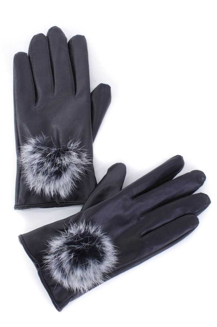 Black Faux Leather Pom-Pom Gloves