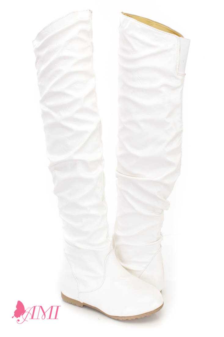 White Slouchy Shaft Thigh High Boots Faux Leather