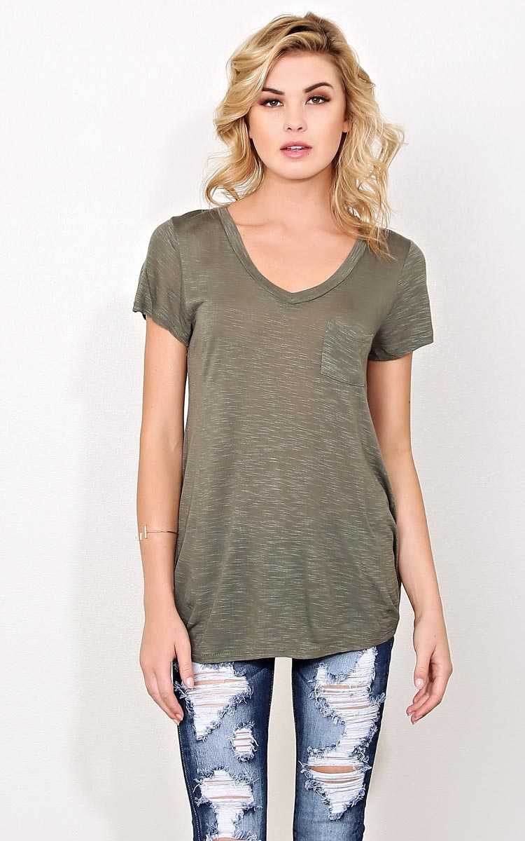 Olive Slub Knit Pocket Tee - - Olive/Drab in Size by Styles For Less